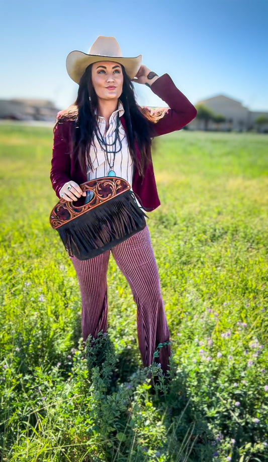 Leather Floral Clutch Purse With Fringe