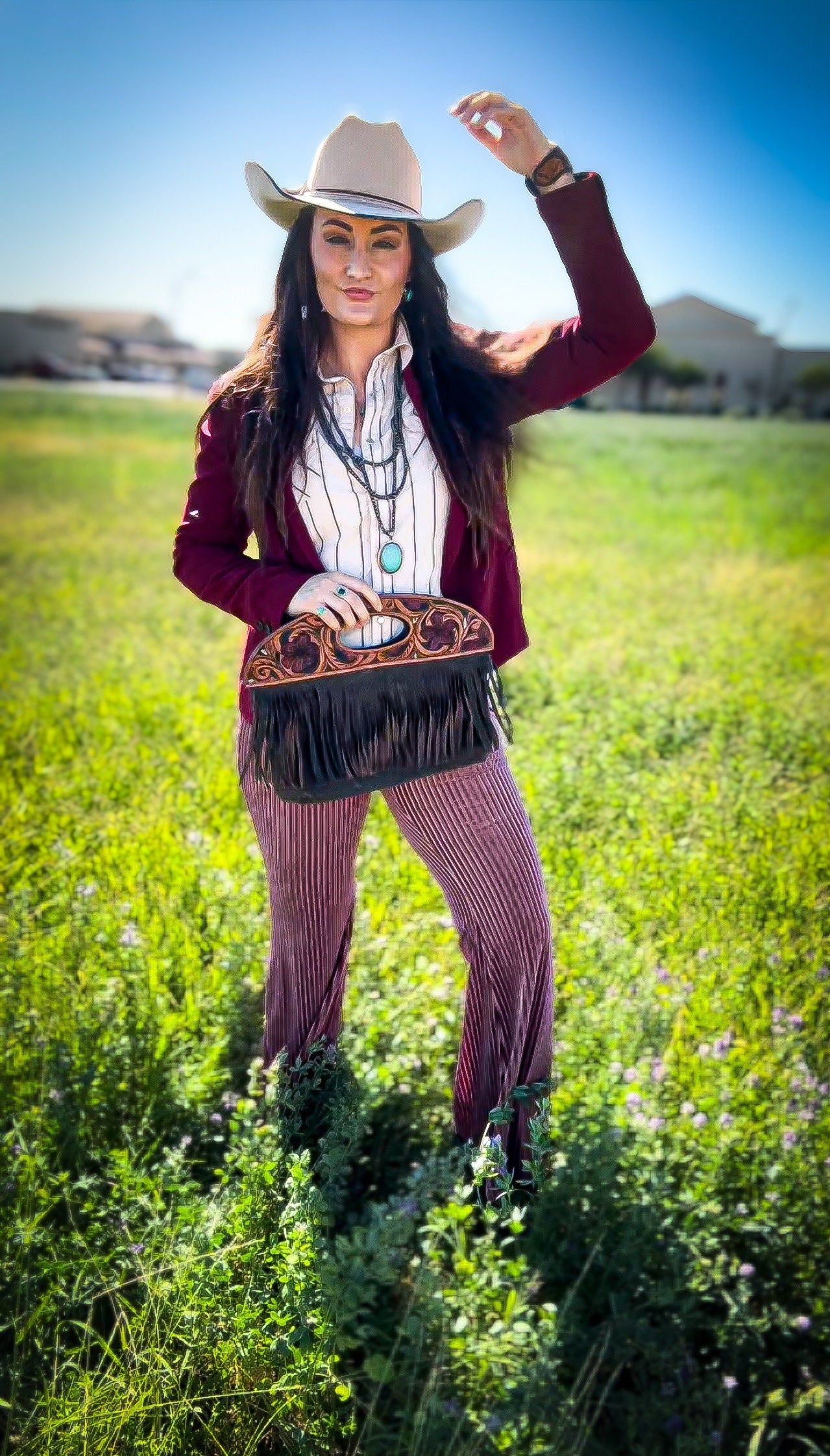 Leather Floral Clutch Purse With Fringe